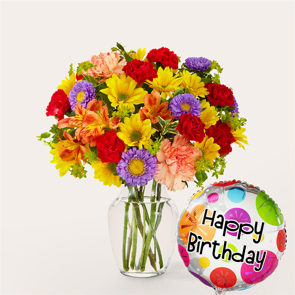 Kaleidoscope Bouquet with Birthday Balloon – Affordableflowerdelivery.com, Tontitown AR